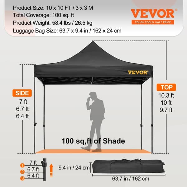 Pop Up Canopy Telt, Vejrbestandigt, Justerbare Højder,10x10ft sort