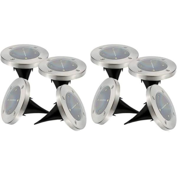Set med 8 runda solstrålkastare i rostfritt stål för infälld eller insättning - LUMISKY - DECKY - Kallvit LED - Ø12 cm