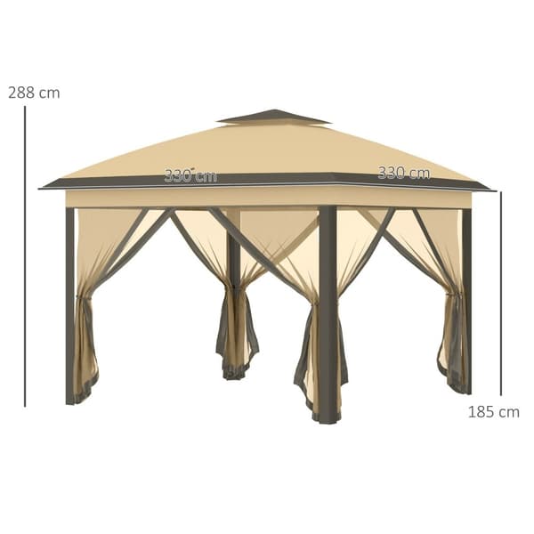 Rootz Folding Gazebo - Garden Gazebo - Metal Pavilion - Mesh Curtains - Drainage System - 330L X 330W X 288H CM - Brown