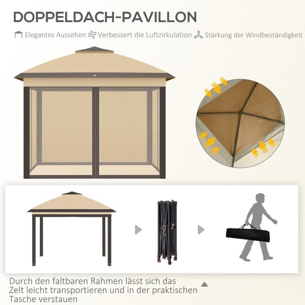 Rootz Folding Gazebo - Garden Gazebo - Metal Pavilion - Mesh Curtains - Drainage System - 330L X 330W X 288H CM - Brown