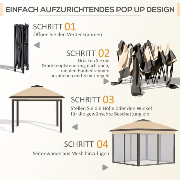 Rootz Folding Gazebo - Garden Gazebo - Metal Pavilion - Mesh Gardiner - Dräneringssystem - 330L X 330W X 288H CM - Brunt