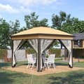 Miniatyrbillede 2 af 11: Rootz Folding Gazebo - Garden Gazebo - Metal Pavilion - Mesh Curtains - Drainage System - 330L X 330W X 288H CM - Brown
