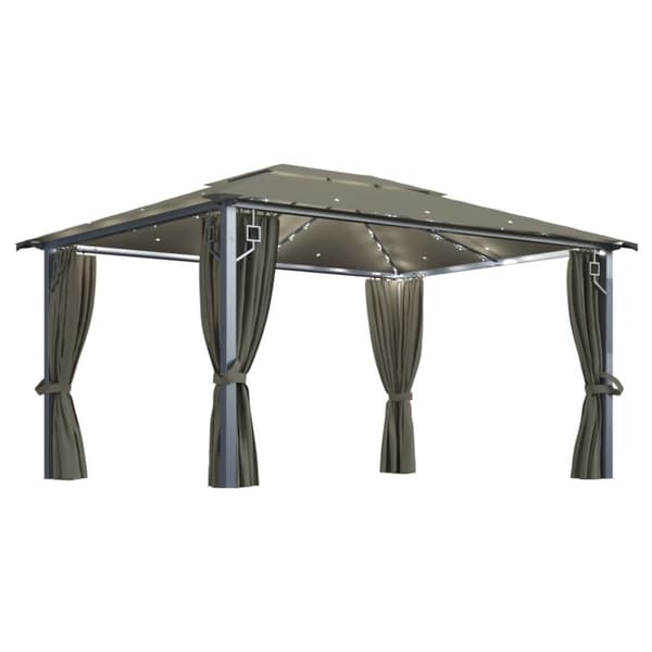 Paviljong med gardin & ljusslinga LED 4x3m taupe aluminium