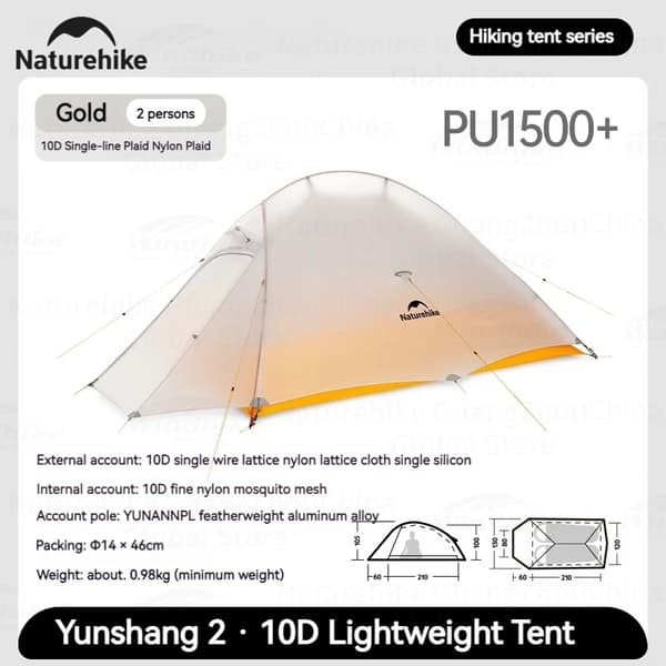 Campingtält, 2 personers kapacitet, ultralätt 0,98 kg vikt,10D Gyllene Orange