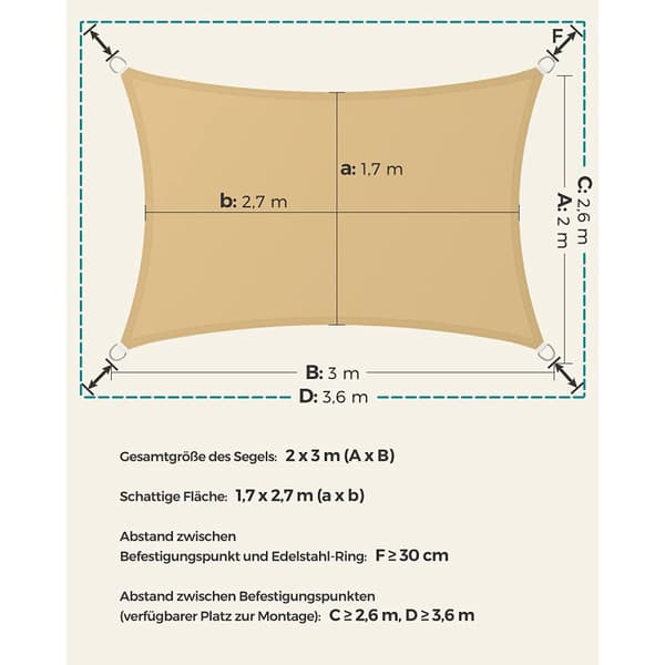 Zonnezeil - 2 × 3 m - suorakulmainen - hiekkainen keltainen