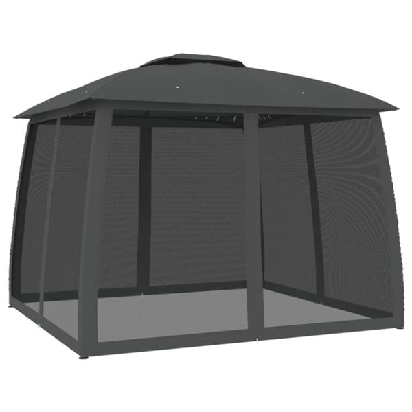 Paviljong med dubbelt tak & nätväggar antracit 2,93x2,93 m stål
