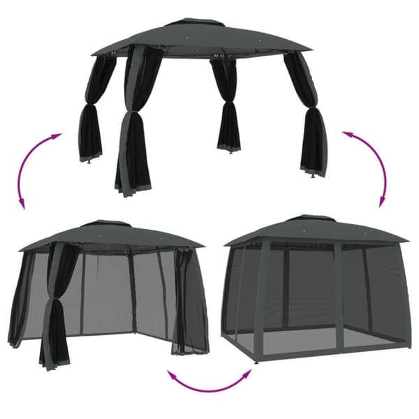 Paviljong med dubbelt tak & nätväggar antracit 2,93x2,93 m stål