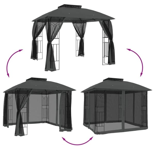Paviljong med dubbelt tak & nätväggar antracit 2,94x2,94 m stål