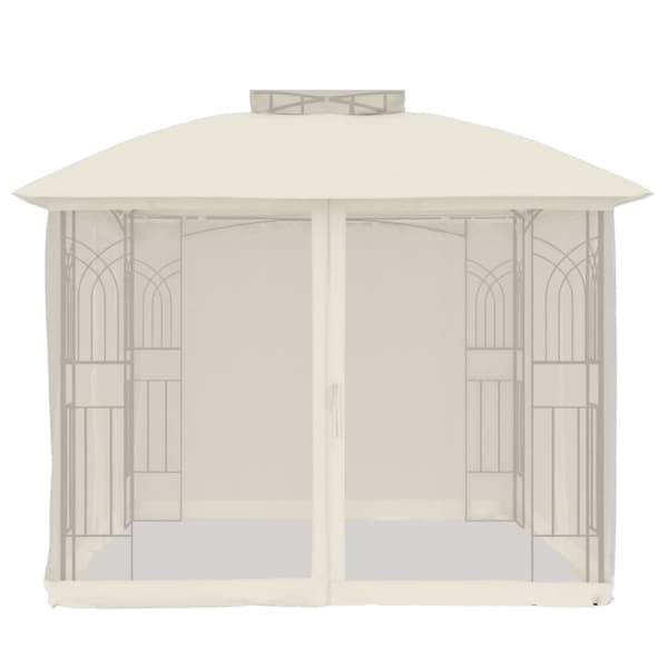 Paviljong med dubbelt tak & nätväggar gräddvit 2,94x2,94 m stål
