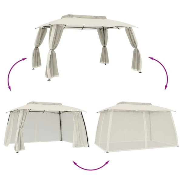 Paviljong med dubbelt tak & nätväggar gräddvit 3,93x2,93 m stål