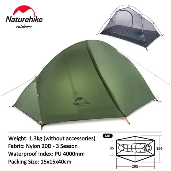 Ultralätt Backpacking Tält, Vattentätt 4000mm, Rymligt 205x156cm,1P - 20D - Grön