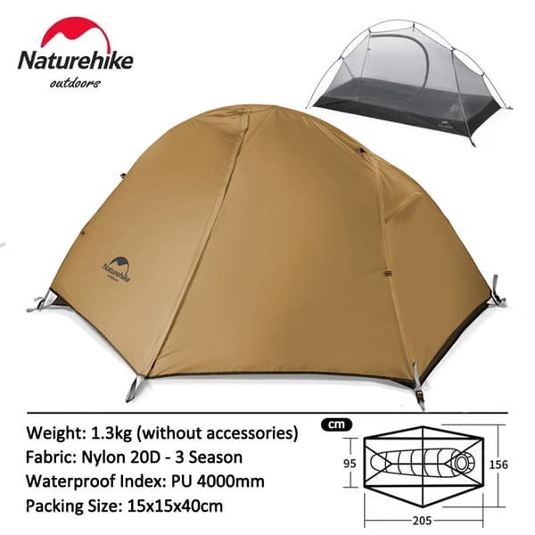 Ultralight Backpacking Telt, Vandtæt 4000mm, Rummeligt 205x156cm,1P - 20D - Brun
