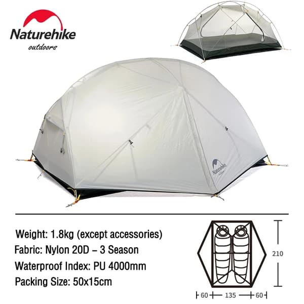 Naturehike Mongar 2 -teltta, ultrakevyt 20D nylon, 4000 mm vedenpitävyysindeksi,Mongar2 - Harmaa