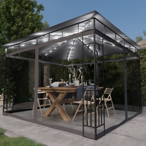Paviljong med myggnät och ljusslinga LED 3x3x2,73m antracit