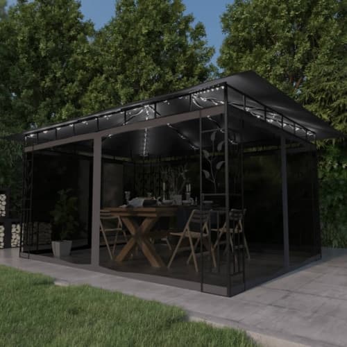 Paviljong myggnät ljusslinga LED 4x3x2,73 m antracit 180 g/m²