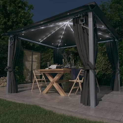 Paviljong med gardin & ljusslinga LED 3x3 m antracit aluminium