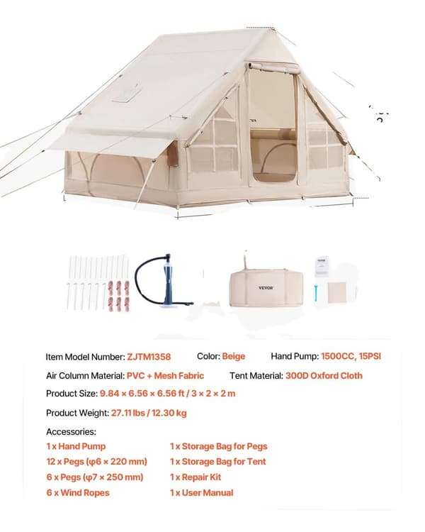 VEVOR Uppblåsbar Tält, Rymlig 3x2m Design, Hållbar 300D Oxford Tyg,3x2.1m