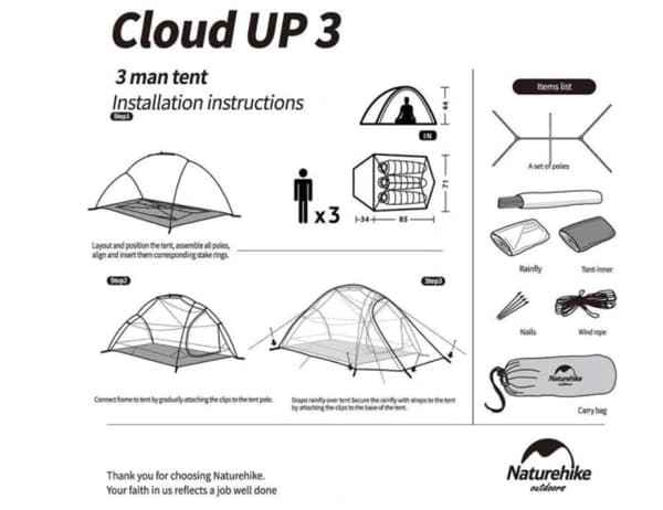 Naturehike Cloud Up 3 Tält 20D Uppdaterad NH18T030-T-Forest Green