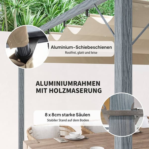 Rootz 3x3m puutarha Pergola - Terassi katto - Paviljonki - UV -suoja - alumiinirunko - 299 cm x 296cm x 232 cm