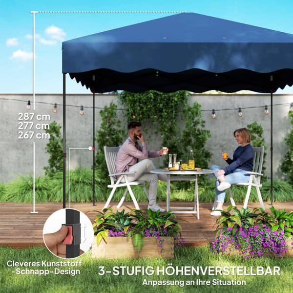 Rootz 3x3m pop -up pavilion - trädgårdstält - höjdjusterbar - UPF50+ UV -skydd - 297x297x287cm - 6-9 personer - blå - rullväska ingår