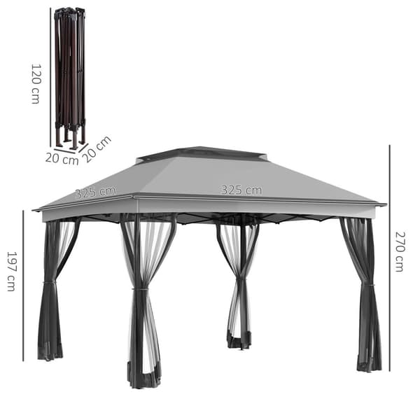Rootz Foldbar havepaviljong - Pop -up Gazebo - Udendørs telt - Vandtæt & UV -beskyttelse - 3,25 m x 3,25 m x 2,7 m med myggenet