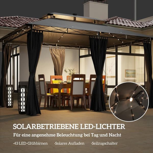 Rootz Garden Pavilion - Garden Tent - Terrass Tält - Solar LED -lampor - 400 cm x 300 cm x 275 cm