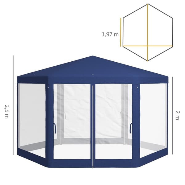 Rootz Garden Pavilion - 6 -hörn Gazebo - Metallramtält - Insektsskydd - 3.94x3.412x2.5m - Blått
