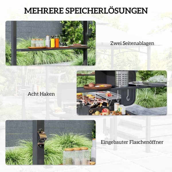 Rootz Grill Pavilion - Garden Grill Telt - BBQ Shelter - Perfect Air Circulation - 243L x 148b x 248H cm - LED -belysning og krydderihylder