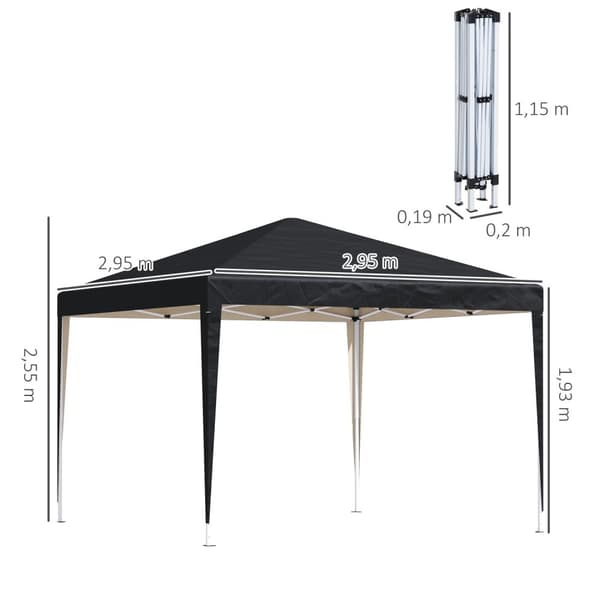 Rootz Pavilion Pop -Up Folding Pavilion - Garden Tent - Party Telt - UV -beskyttelse - 2,95 m x 2,95 m x 2,55 m stål+Oxford stof sort