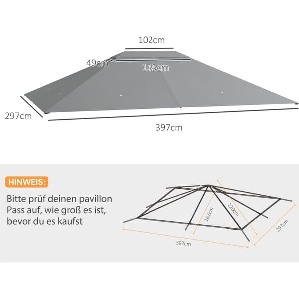 Rootz Pavilion ersättnings tak - Baldachin -täckning - väderbeständig tak - UV -skydd, 397x297cm, grå