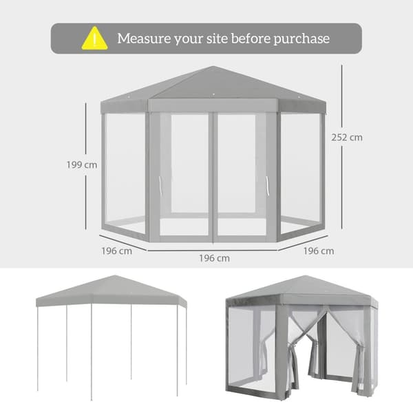 Rootz Reception Tent Arbor - Barnum - Hexagonal Tonnele - Mosquito Net - Metal/Polyester Gray - 1,96 m x 1,99 m x 2,52m