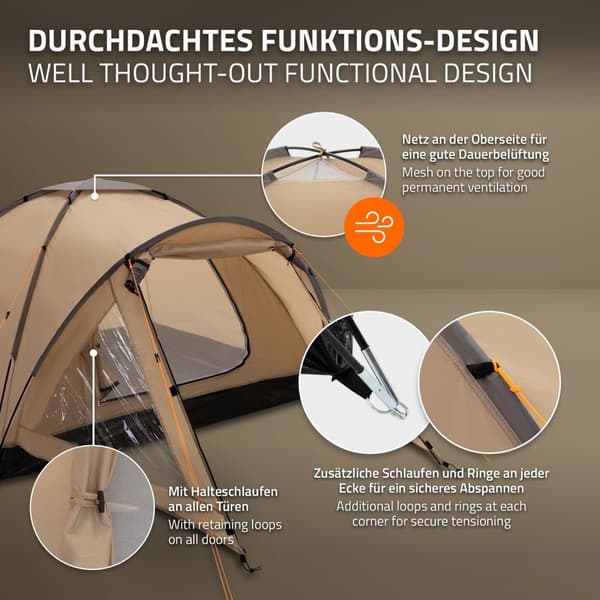 ECD Germany Campingtält för 3 personer 210x180x120 cm khaki/beige-grå, familjetält lätt, vatten- och vindtätt, kupoltält med låsbar vindslucka,