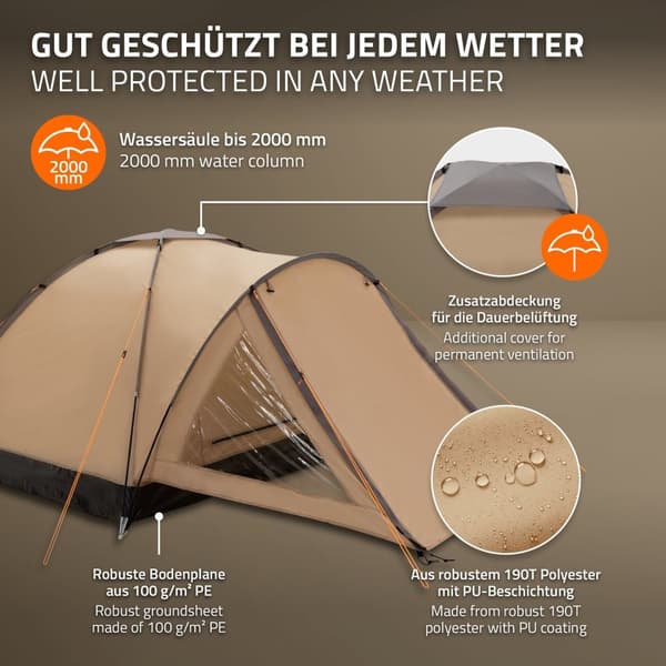 ECD Germany Campingtält för 3 personer 210x180x120 cm khaki/beige-grå, familjetält lätt, vatten- och vindtätt, kupoltält med låsbar vindslucka,