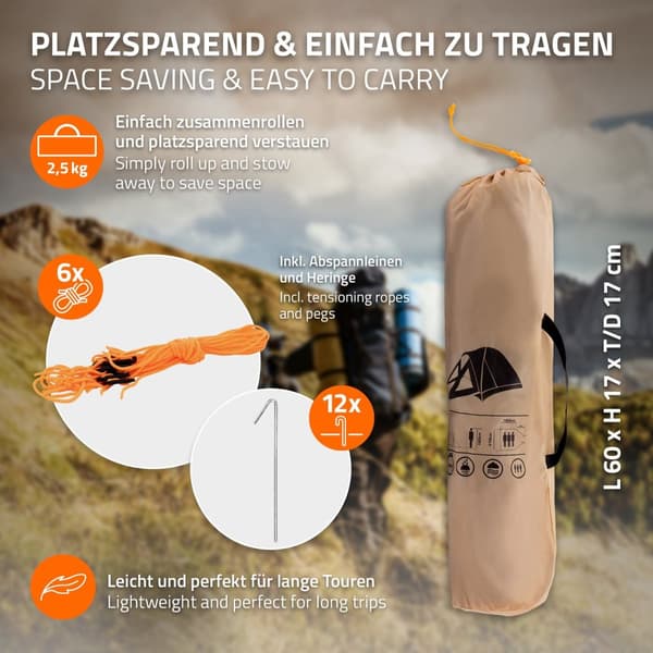 ECD Germany Campingtält för 3 personer 210x180x120 cm khaki/beige-grå, familjetält lätt, vatten- och vindtätt, kupoltält med låsbar vindslucka,