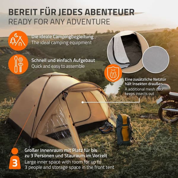 ECD Germany Campingtält för 3 personer 210x180x120 cm khaki/beige-grå, familjetält lätt, vatten- och vindtätt, kupoltält med låsbar vindslucka,