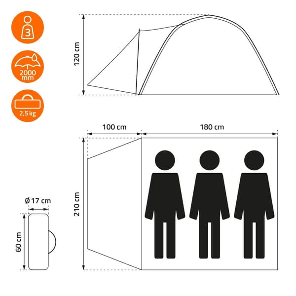 ECD Germany Campingtält för 3 personer 210x180x120 cm khaki/beige-grå, familjetält lätt, vatten- och vindtätt, kupoltält med låsbar vindslucka,