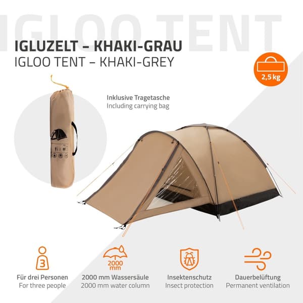 ECD Germany Campingtält för 3 personer 210x180x120 cm khaki/beige-grå, familjetält lätt, vatten- och vindtätt, kupoltält med låsbar vindslucka,