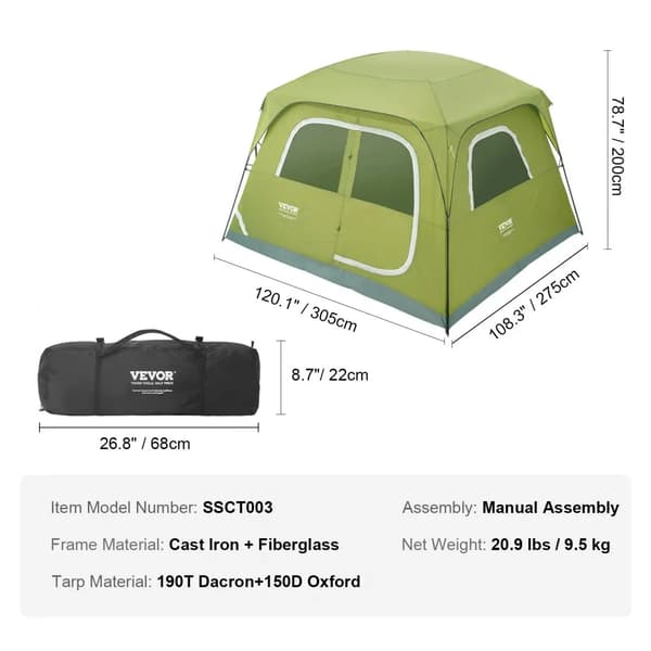 VEVOR Camping Telt, Letvægtsdesign, Nem Samling,Manuel  6 Personer
