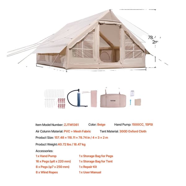 VEVOR Uppblåsbar Tält, Rymlig 3x2m Design, Hållbar 300D Oxford Tyg,4x3.1m