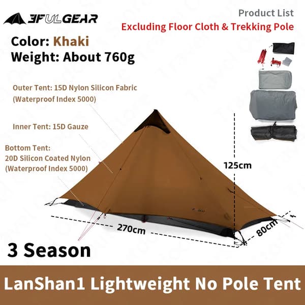 Ultralätt Campingtält, Vattentätt 15D Nylon, 4-Säsongsdesign,LANSHAN1 15D 3Säsong-b