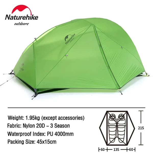 Naturehike 2 Hengen Teltta, Ultrakevyt ja Kannettava, Erinomainen Vesitiiviysuus,20D - Vihreä