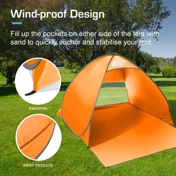 Active Era Deployable Pop Up Beach tält, UV-solskydd UPF 50+, 2-3 personer, med bärväska och stakar - Orange
