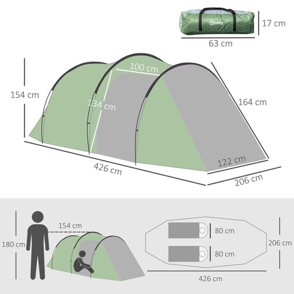 OBOSOE 3 personers tunneltelt, 190T polyester, mørkegrøn, 426x206x154 cm til camping