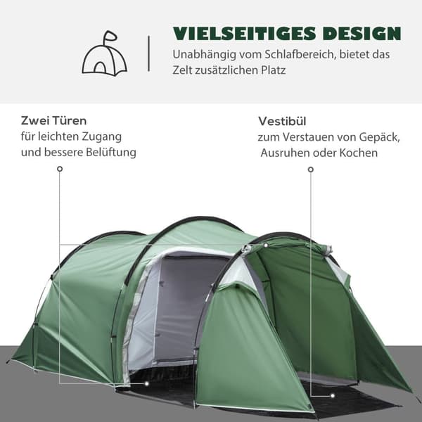 OBOSOE 3 personers tunneltelt, 190T polyester, mørkegrøn, 426x206x154 cm til camping