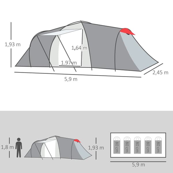 Campingtelt, 590x245x193 cm, Grå