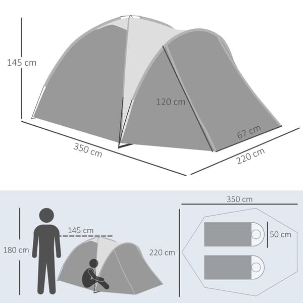 Campingtelt, 350x220x145 cm, Grå