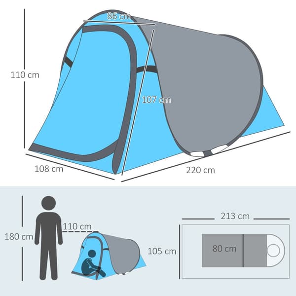 Pop-Up Telt, A20-170BU, 220x108x110 cm, Blå+Grå