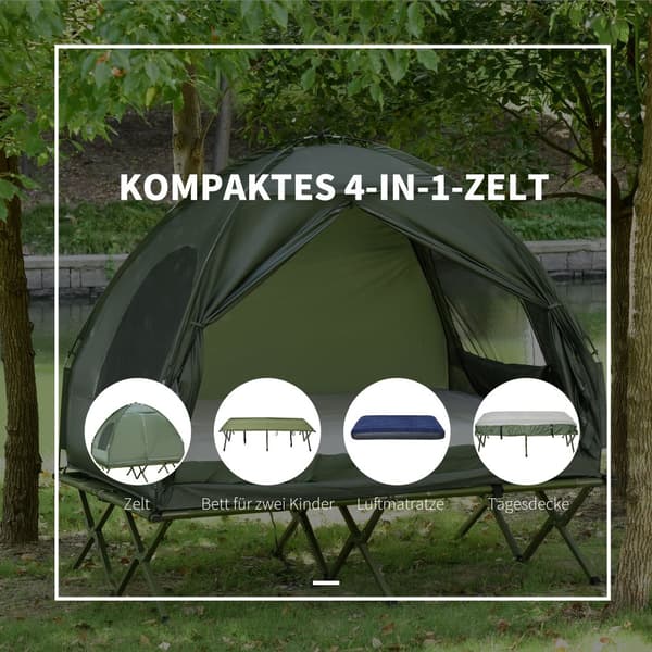 Hævet Camping Seng med Dome Telt og Luftmadras, 193x136x178 cm, Grøn