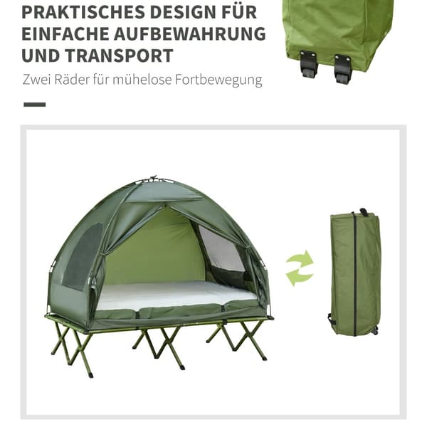 Hævet Camping Seng med Dome Telt og Luftmadras, 193x136x178 cm, Grøn