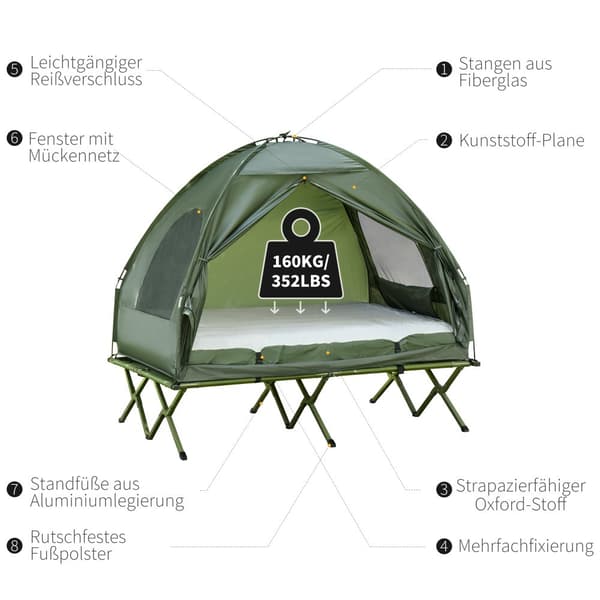 Hævet Camping Seng med Dome Telt og Luftmadras, 193x136x178 cm, Grøn